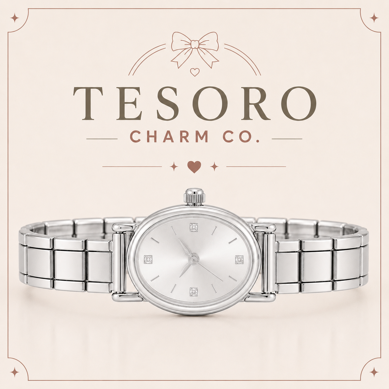 15-Link Silver Italian Charm Base Bracelet with Oval Watch Face