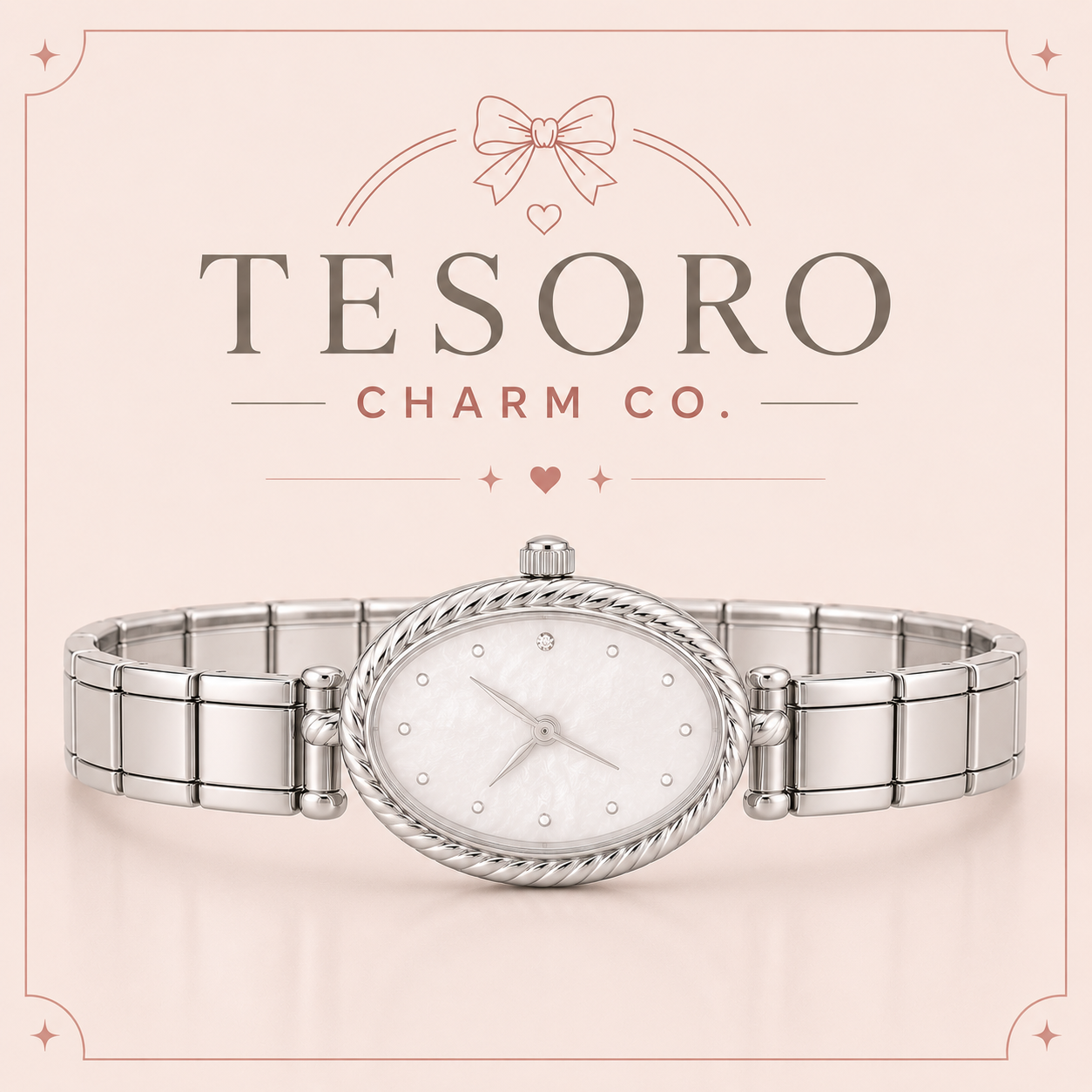 15-Link Silver Italian Charm Base Bracelet with Oval Watch Face